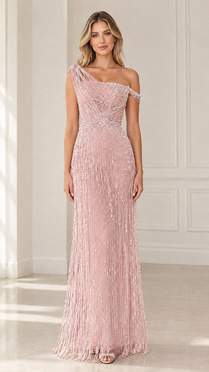 Model wearing Blush Pink one-shoulder sequined fringe maxi dress