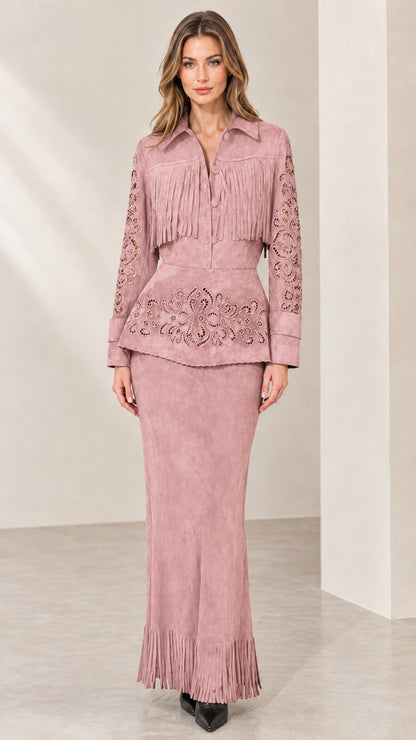 Full front view of dusty pink fringe faux suede peplum jacket and maxi skirt set