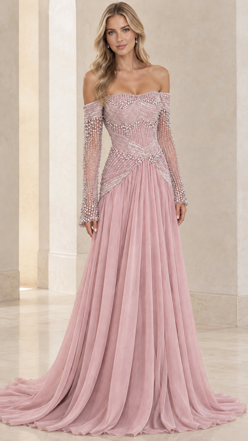 Front view of off-the-shoulder long sleeve beaded evening gown in dusty rose