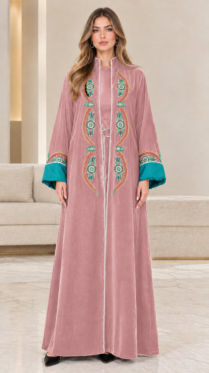 Dusty pink velvet embroidered maxi abaya with teal cuff accents
