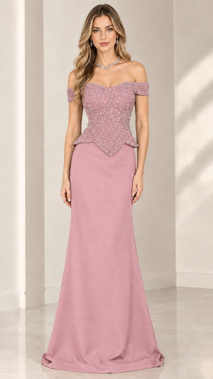 Front view of mauve pink off-the-shoulder beaded evening dress