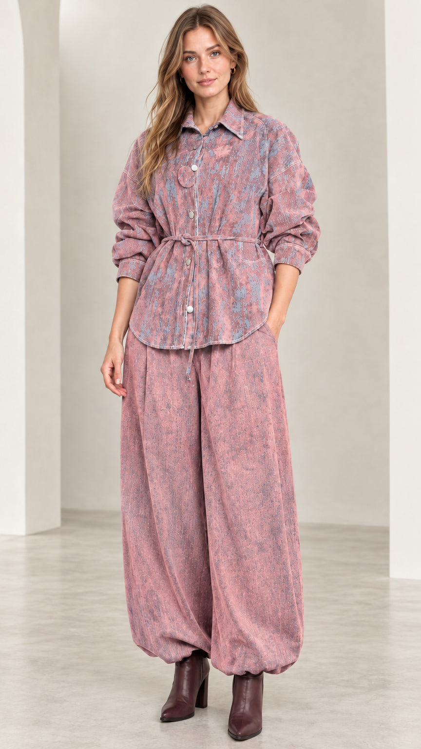Model wearing Dusty Rose abstract print belted button-down shirt jacket