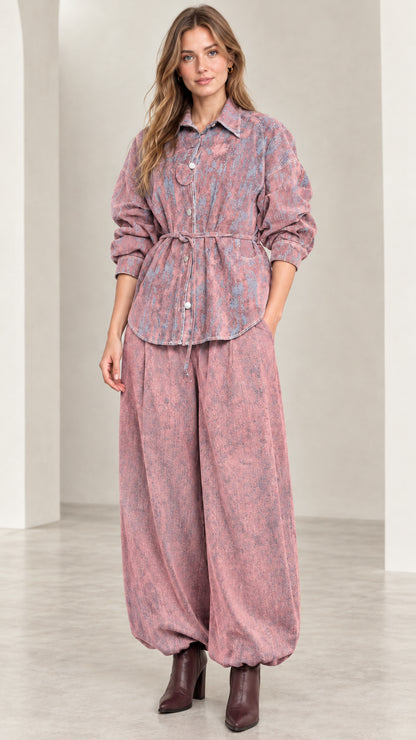 Model wearing Dusty Rose abstract print belted button-down shirt jacket