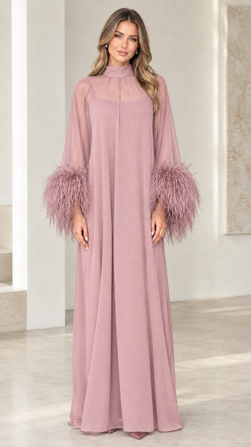 Dusty rose pink mock neck maxi dress with matching feather cuffs