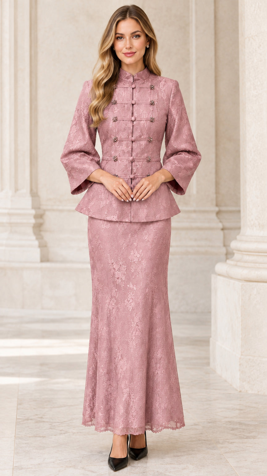 Front view of model wearing dusty rose pink lace peplum skirt set