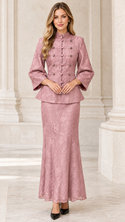 Front view of model wearing dusty rose pink lace peplum skirt set