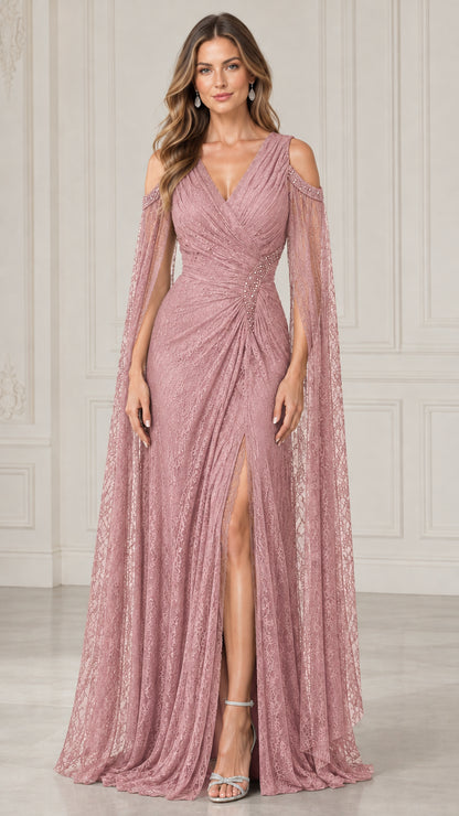 Dusty Pink lace cape sleeve evening dress with ruched waist and slit