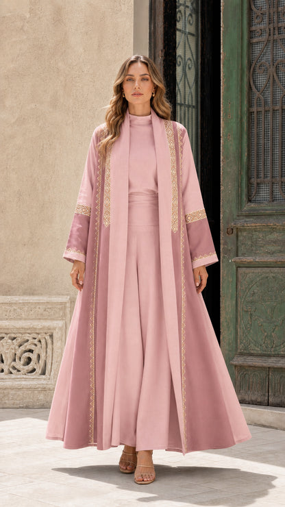 Full view of pink 3-piece embroidered abaya set