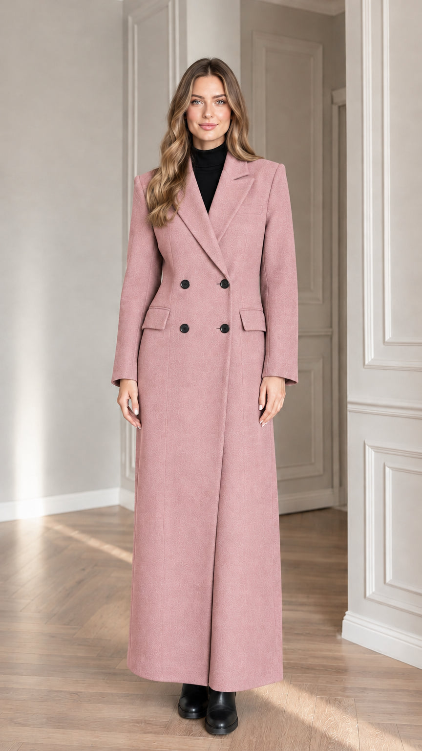 Full-length front view of woman wearing dusty pink double-breasted maxi coat