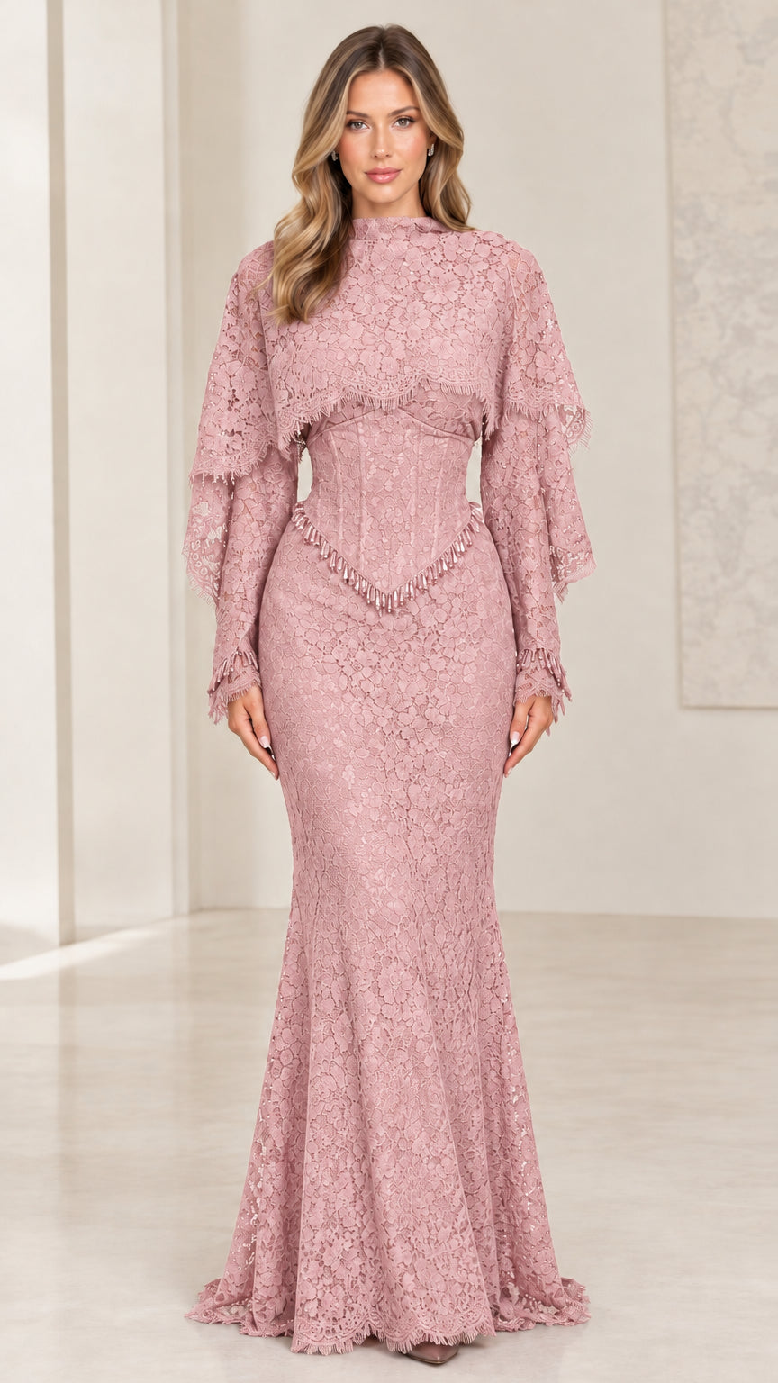 Dusty pink high neck lace mermaid evening dress