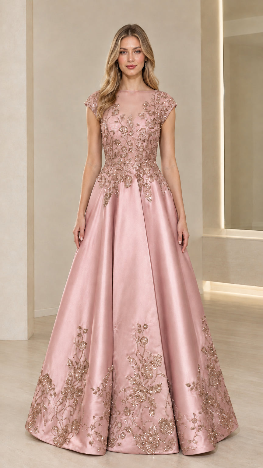 Blush Pink embroidered satin A-line formal gown