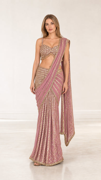 Dusty rose pink pre-draped embroidered saree set with sweetheart neckline crop top