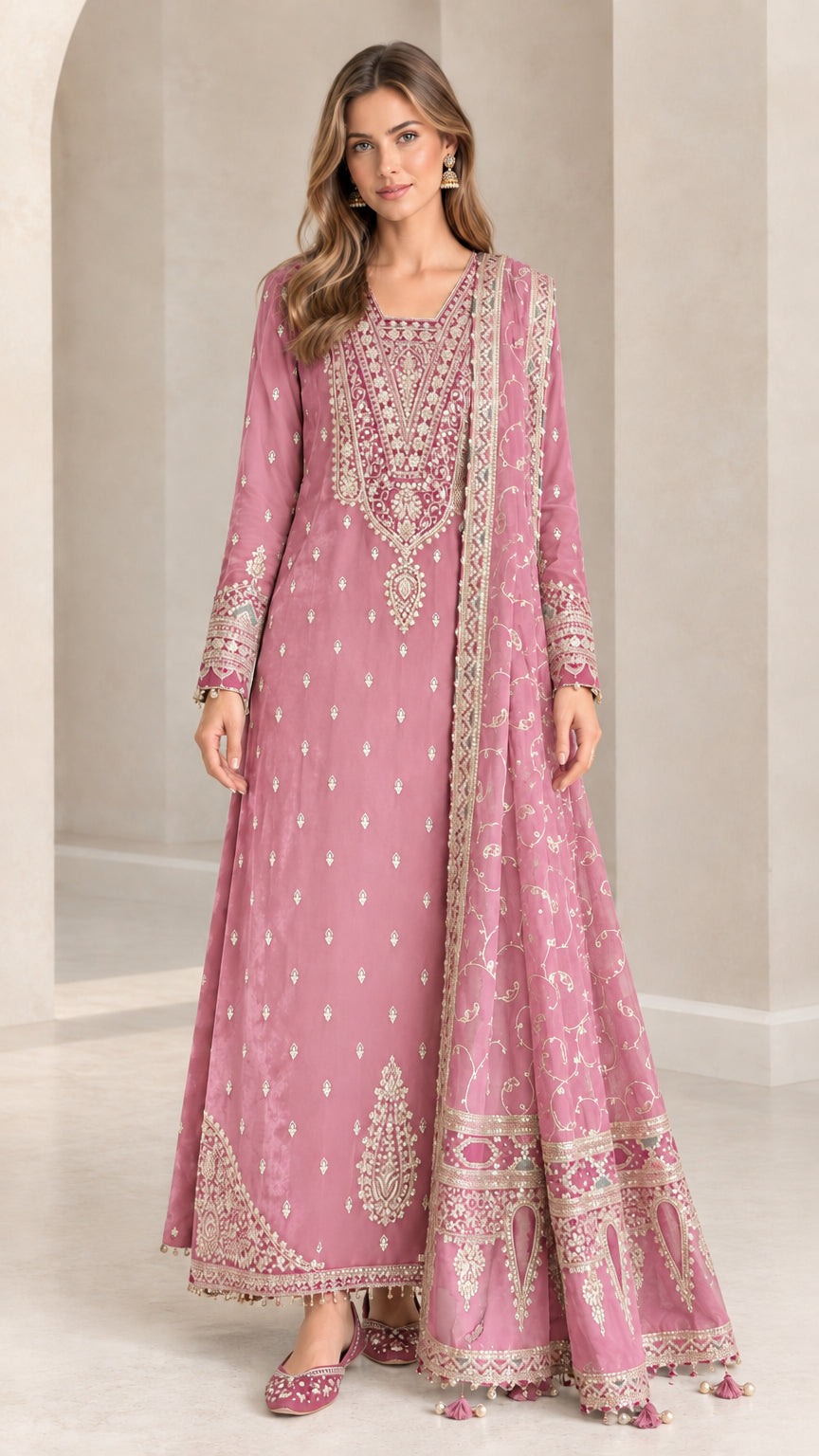 Dusty rose pink embroidered Anarkali gown with coordinating dupatta scarf