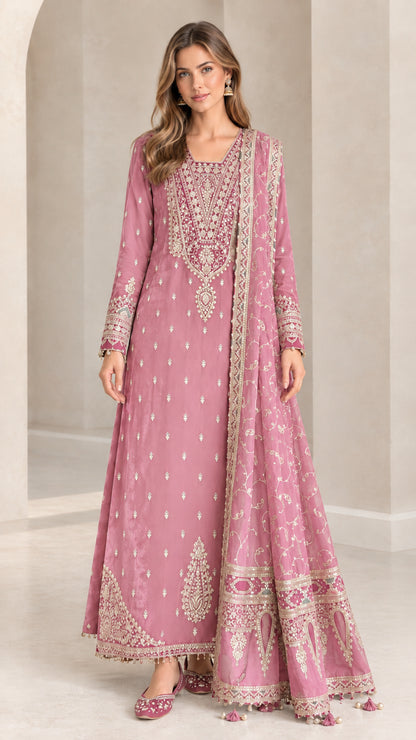 Dusty rose pink embroidered Anarkali gown with coordinating dupatta scarf