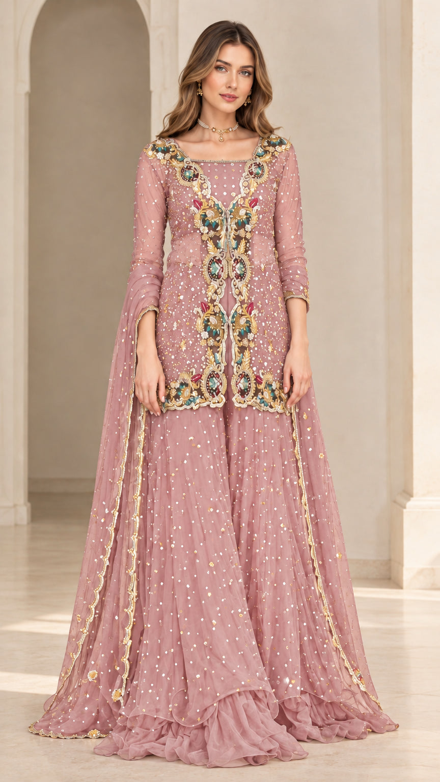 Dusty pink embroidered tunic and tiered sharara set with dupatta