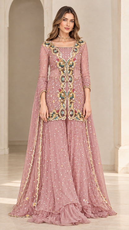 Dusty pink embroidered tunic and tiered sharara set with dupatta