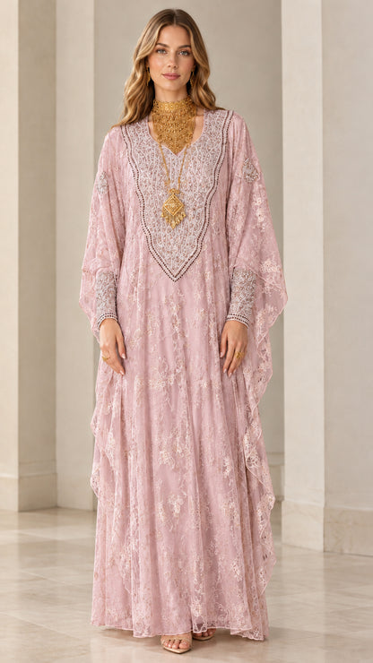 Full front view of women's blush pink embroidered lace kaftan maxi dress