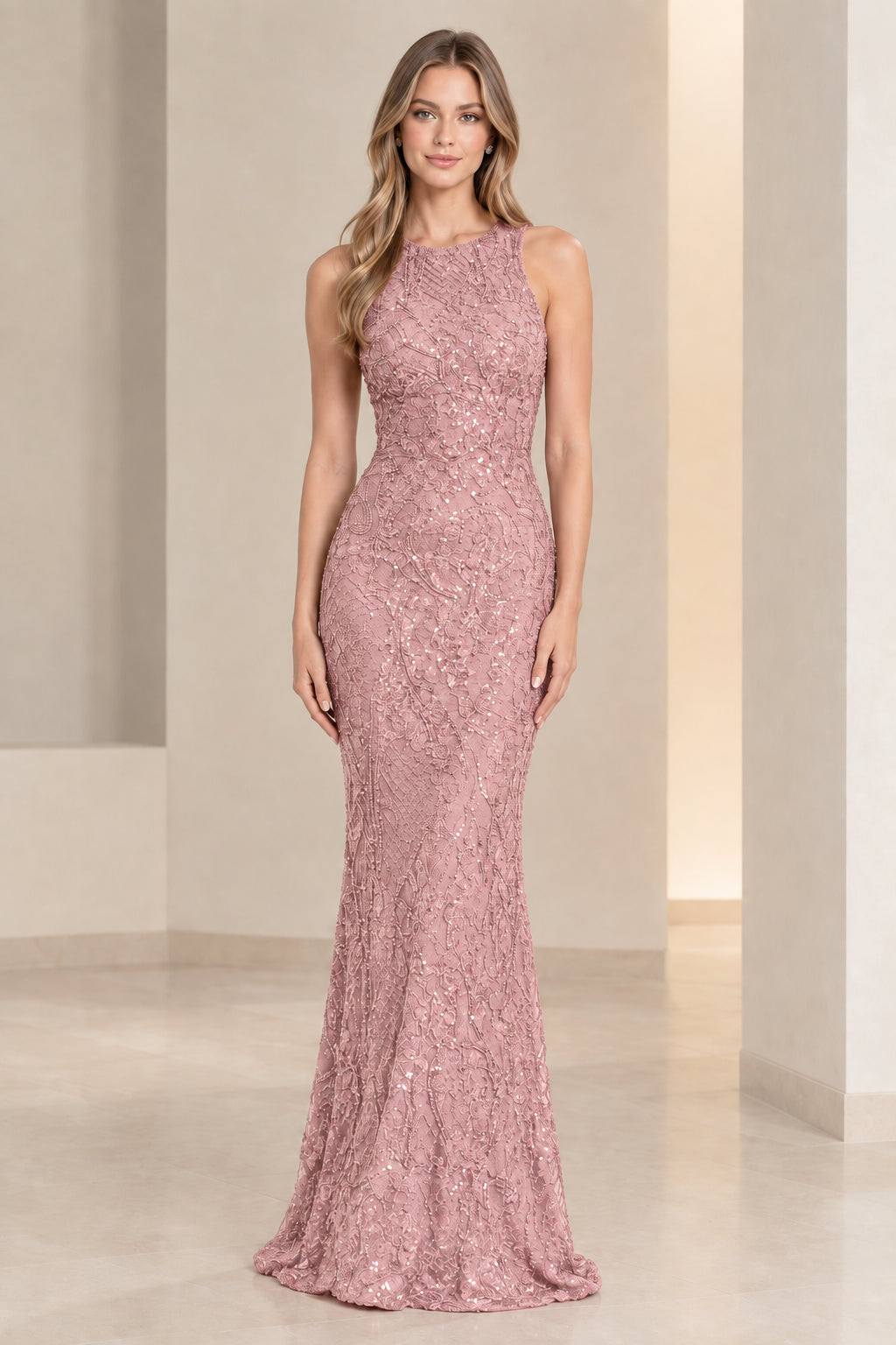 Dusty rose sequin embroidered floor-length mermaid evening gown