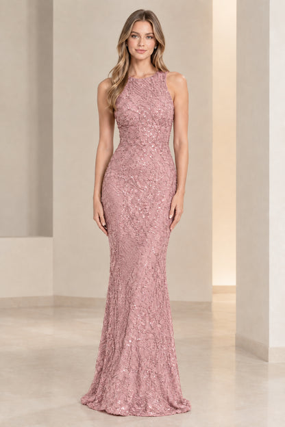Dusty rose sequin embroidered floor-length mermaid evening gown