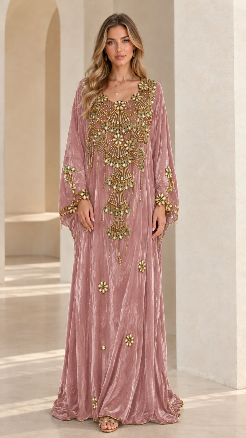 Front view of woman wearing Dusty Rose pink embellished velvet kaftan dress