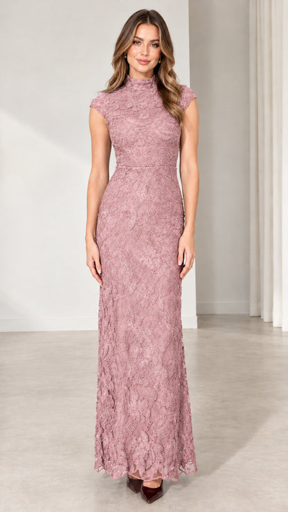 Front view of model wearing Dusty Rose floral lace column maxi dress