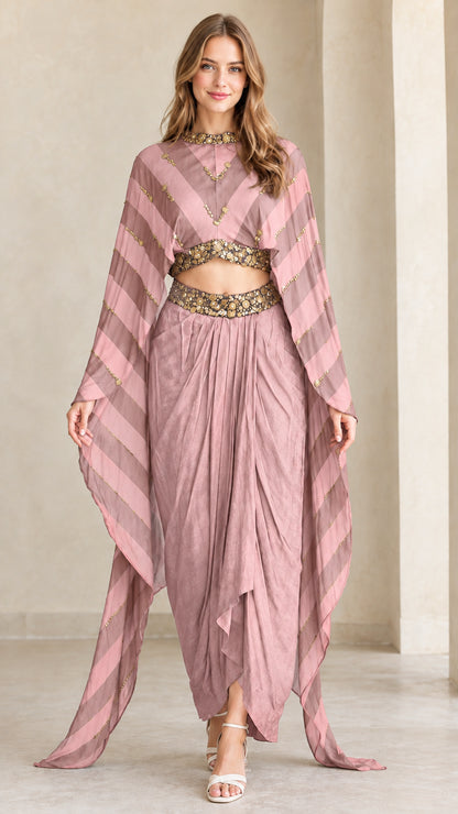 Model wearing Dusty Pink striped cape top and draped dhoti pant set