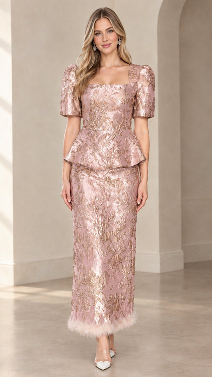 Front view of blush pink floral metallic jacquard peplum maxi dress set