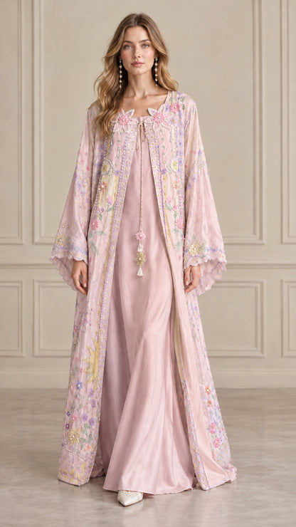 Blush Pink floral embroidered open robe over matching satin maxi slip dress
