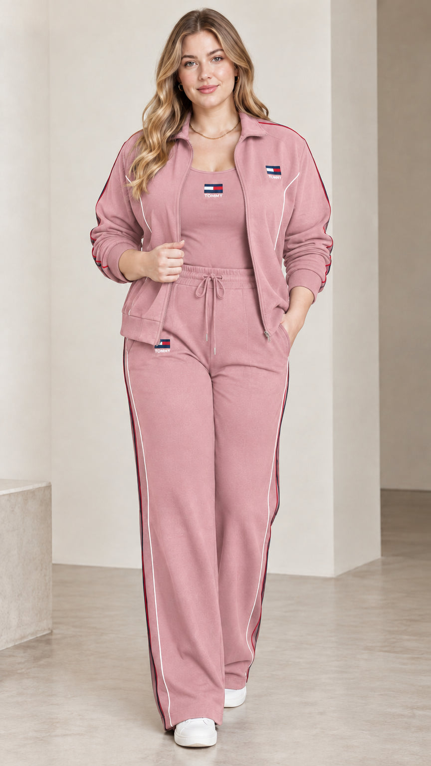 Front view of model wearing the dusty pink contrast piping tracksuit set