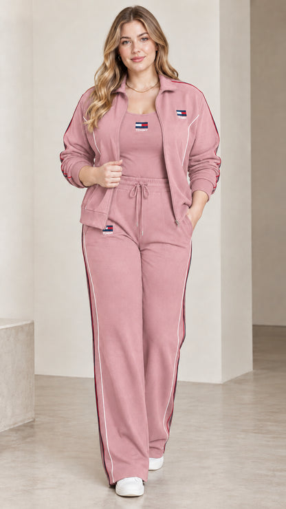 Front view of model wearing the dusty pink contrast piping tracksuit set