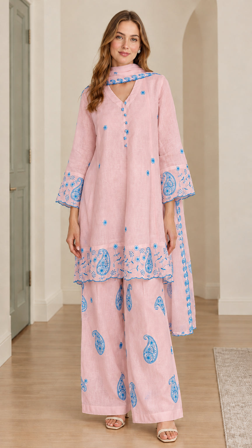 Model wearing soft pink 3-piece embroidered tunic set with matching scarf