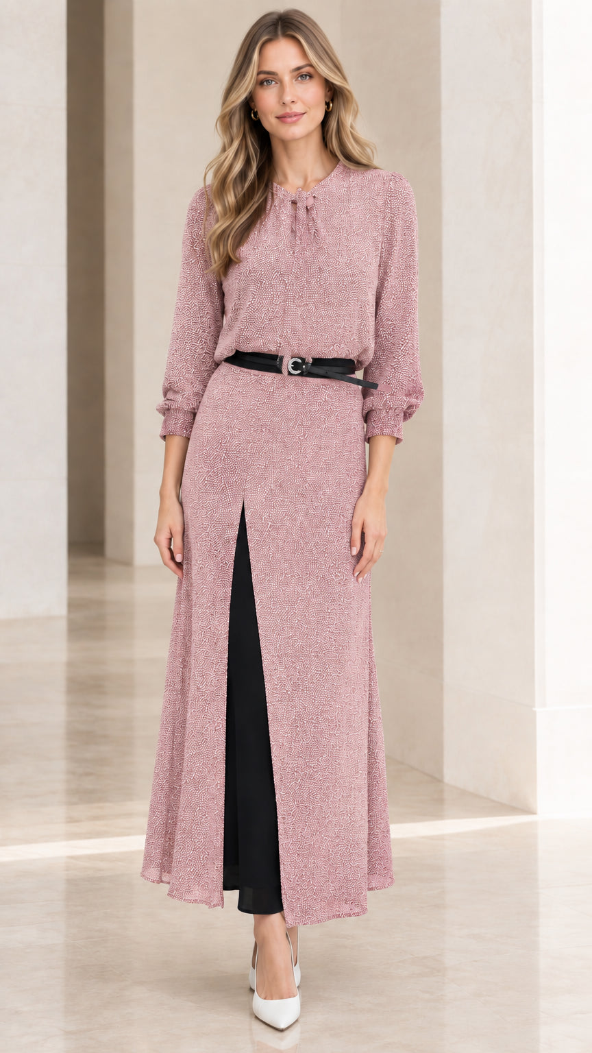Dusty pink belted long sleeve maxi dress with layered front slit