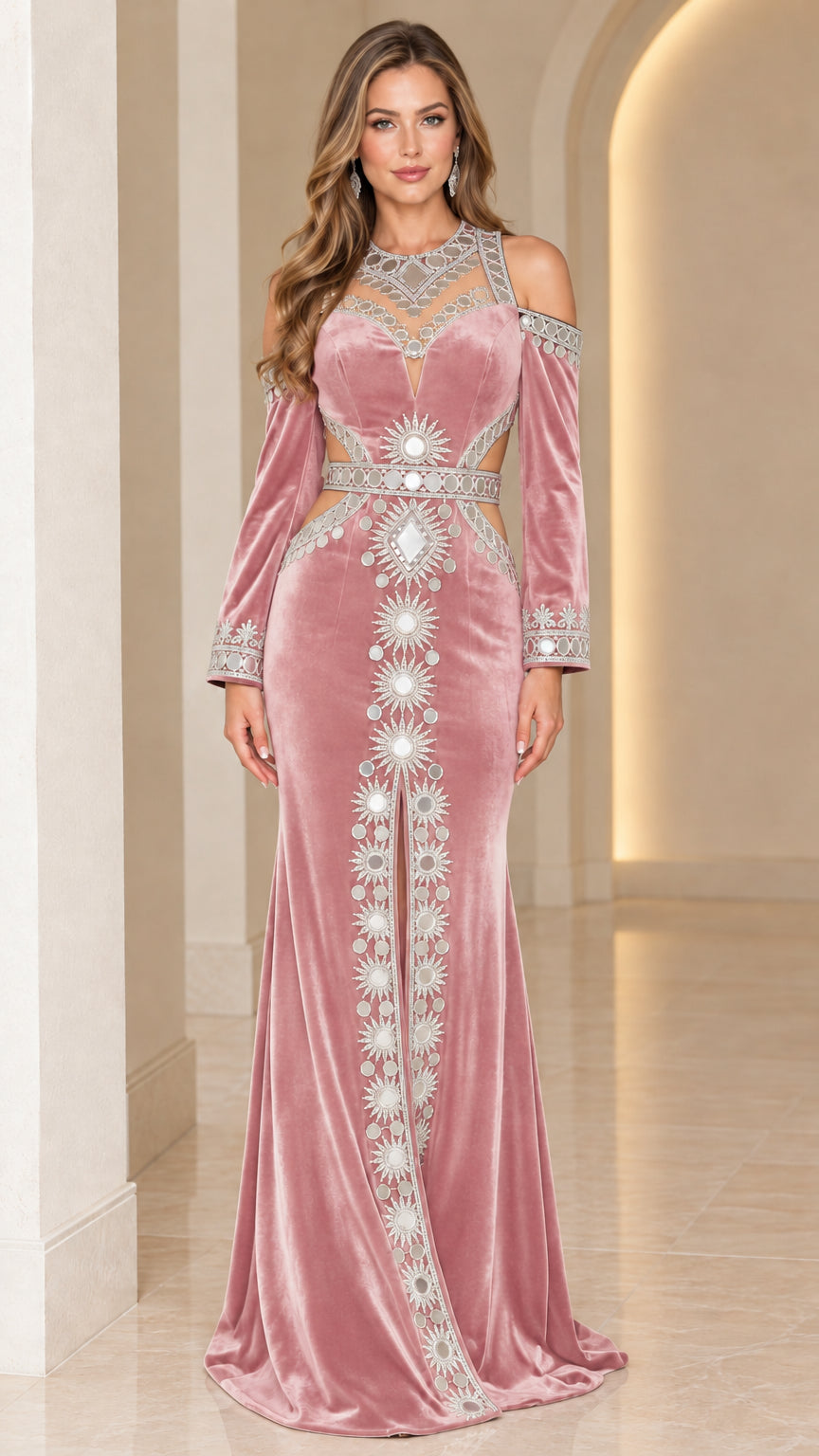 Model wearing Dusty Pink embellished velvet cold-shoulder evening gown with waist cutouts