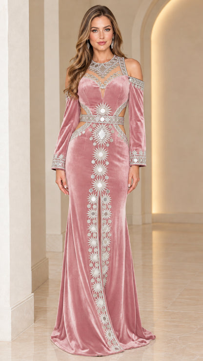 Model wearing Dusty Pink embellished velvet cold-shoulder evening gown with waist cutouts
