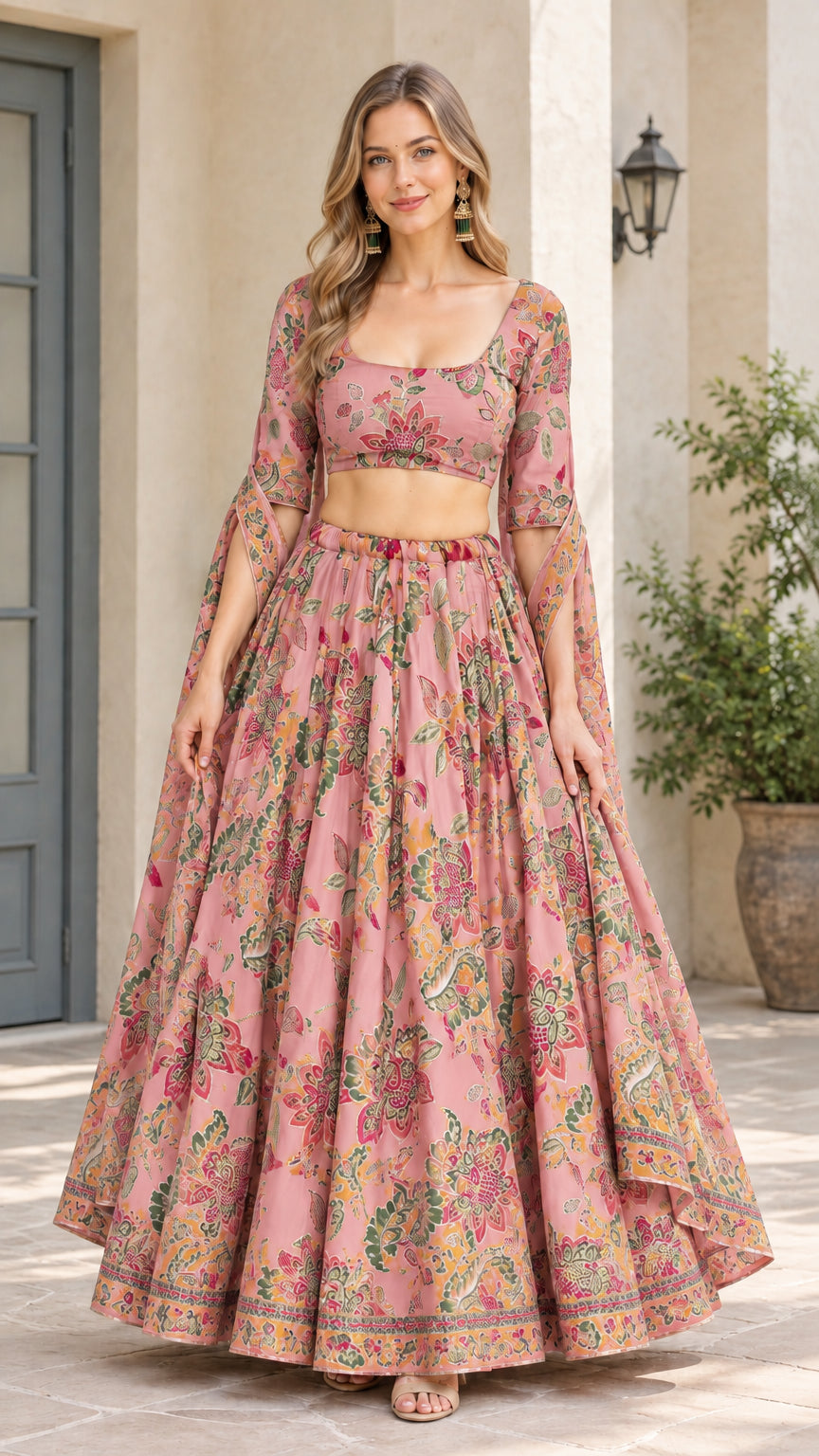 Front view of model wearing Dusty Pink floral crop top and flared maxi skirt set