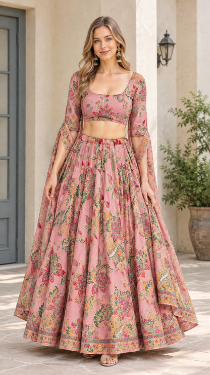 Front view of model wearing Dusty Pink floral crop top and flared maxi skirt set