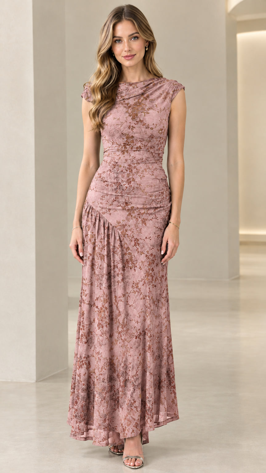 Front view of dusty rose vintage floral draped maxi dress