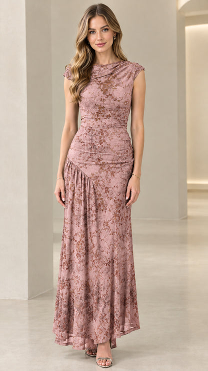 Front view of dusty rose vintage floral draped maxi dress