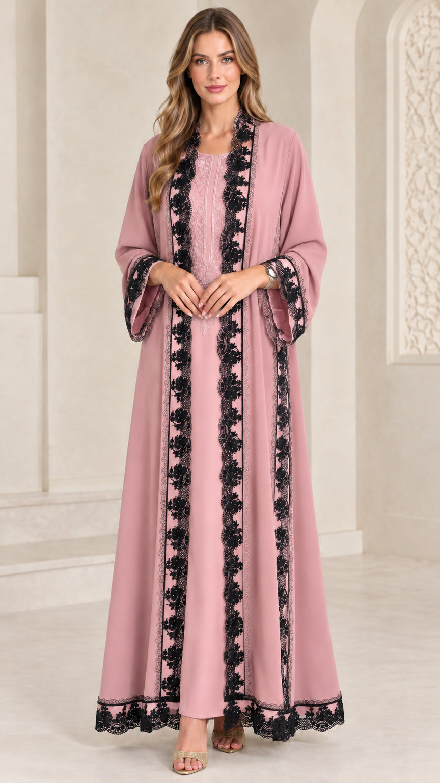 Dusty pink open abaya maxi dress set with black lace embellishments