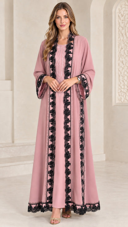 Dusty pink open abaya maxi dress set with black lace embellishments