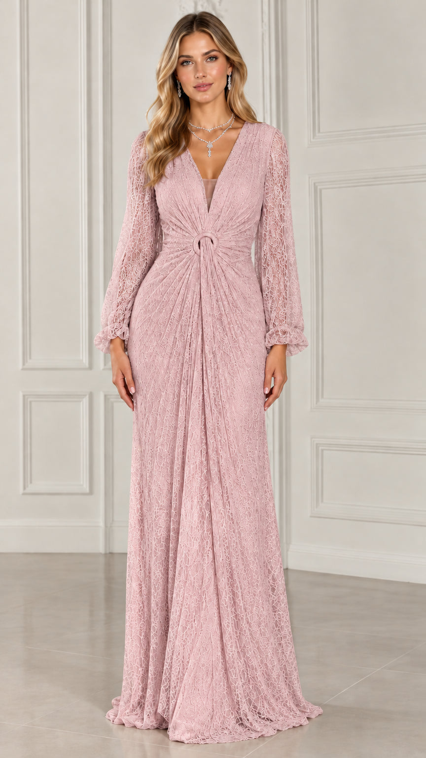 Full-length view of model in Dusty Rose lace formal maxi gown