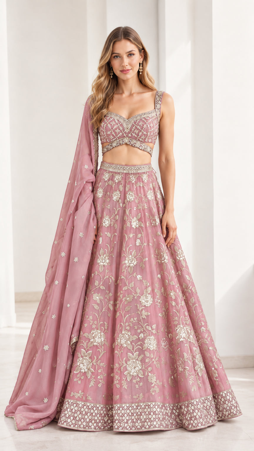 Dusty pink embroidered 3-piece lehenga choli set with flared skirt