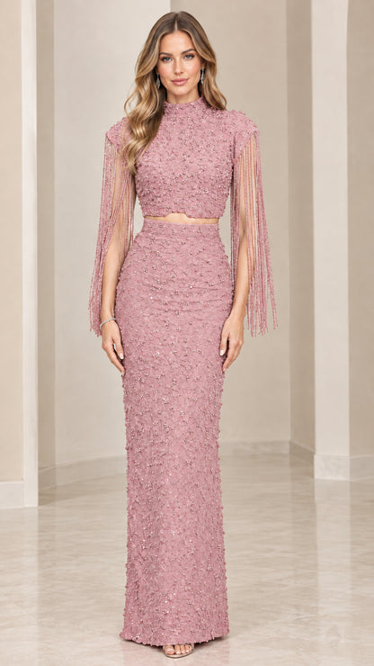 Front view of dusty rose beaded two-piece formal maxi dress set with fringe