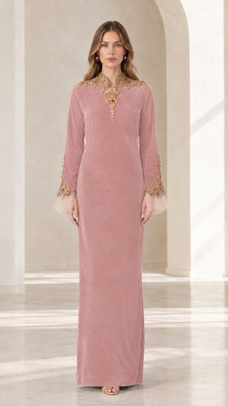 Dusty rose pink long sleeve embroidered velvet evening maxi dress