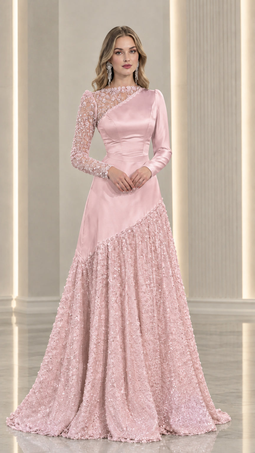 Blush pink long sleeve asymmetrical satin and lace formal dress