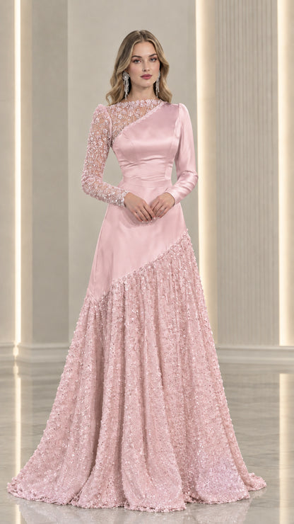 Blush pink long sleeve asymmetrical satin and lace formal dress