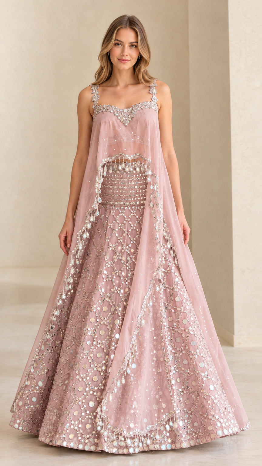 Blush pink sequined cape overlay evening gown with shimmering details