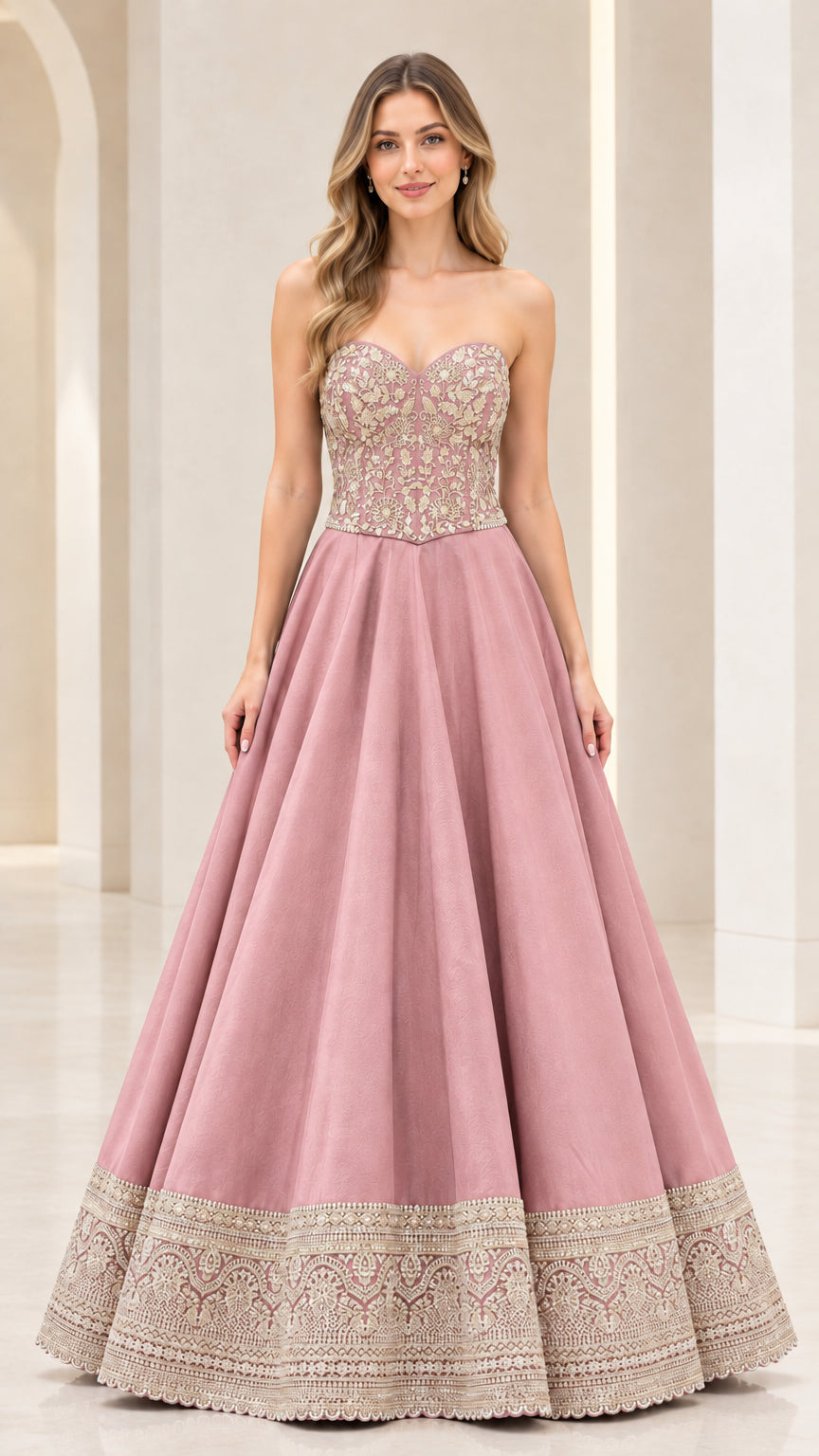 Dusty pink strapless ball gown with metallic embroidery