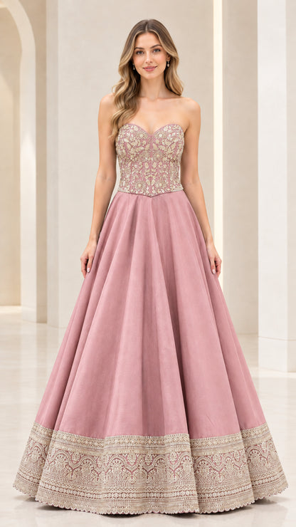 Dusty pink strapless ball gown with metallic embroidery