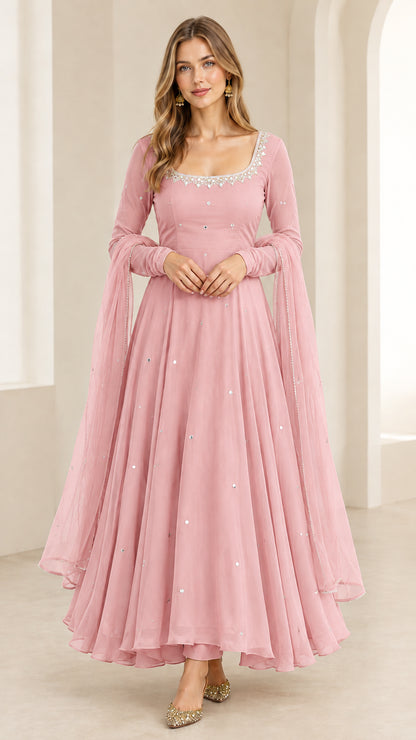 Front view of woman wearing Blush Pink flared Anarkali dress with dupatta